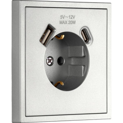 Розетка с/у 2P+E 16A, IP20, USB+Type-C, Smartbuy Капелла [SBE-09s-16-S1-USB] серебро soft touch