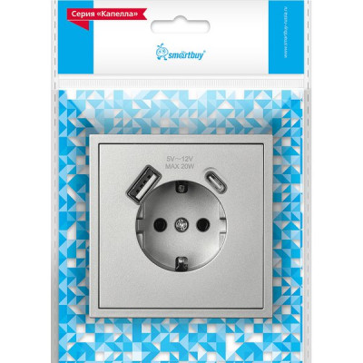 Розетка с/у 2P+E 16A, IP20, USB+Type-C, Smartbuy Капелла [SBE-09s-16-S1-USB] серебро soft touch