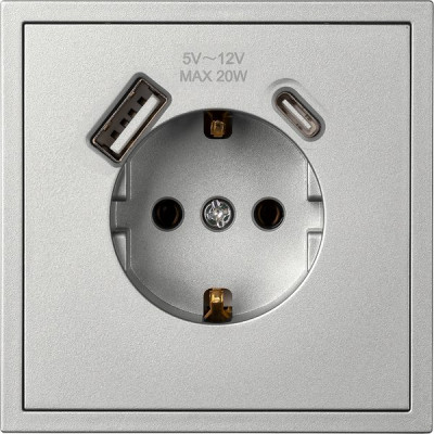 Розетка с/у 2P+E 16A, IP20, USB+Type-C, Smartbuy Капелла [SBE-09s-16-S1-USB] серебро soft touch