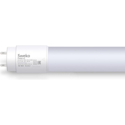 Лампа LED G13/T8 трубка, 10W, 600мм, 6500K, 950Лм, Sweko [42LEDT8-10W-230-6500K-G13-P] непов. цоколь
