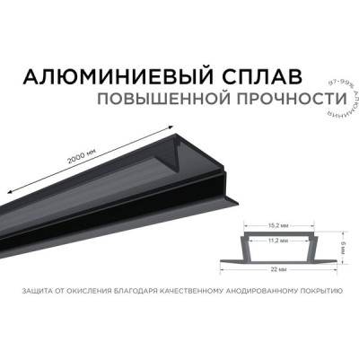 Профиль врезной 2000*22*6, комплект с экраном белым и заглушками, Apeyron [08-02-ЧБ] черный