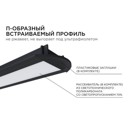 Профиль врезной 2000*22*6, комплект с экраном белым и заглушками, Apeyron [08-02-ЧБ] черный