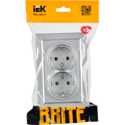 Розетка с/у 2x2P+Е 16A, IP20, в сборе, IEK BRITE [BR-R21-16-K47-F] алюминий