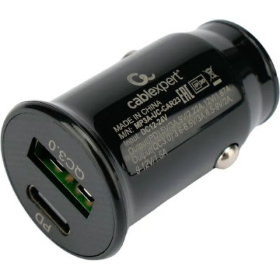 Зарядное устройство автомобильное Cablexpert, 20Вт, 3А, QC3.0/PD, 1хUSB, 1хType-C [MP3A-UC-CAR23]