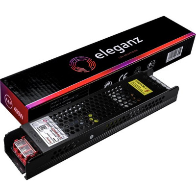 Блок питания 12V 400W, IP44, металл решетка узкий, без кулера, PRO SILVER [ELEGANZ-400-12]