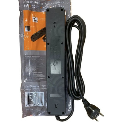 Сетевой фильтр  3м, 5 розеток, 10А/2200Вт, 3x0.75, Спутник [SP-530 3м-P Black] черный