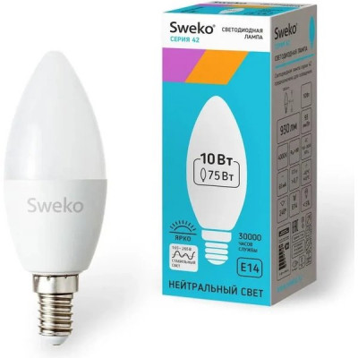 Лампа LED E14/C35 свеча, 10W, 4000K, 930Лм, Sweko [42LED-C35-10W-230-4000K-E14]