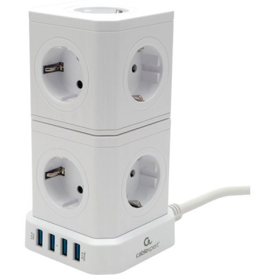 Сетевой фильтр  2м, 9 розеток, 16А/3500Вт, 3x1.5, 4хUSB, Cablexpert Tower [TWR-9-U4-W-2] белый