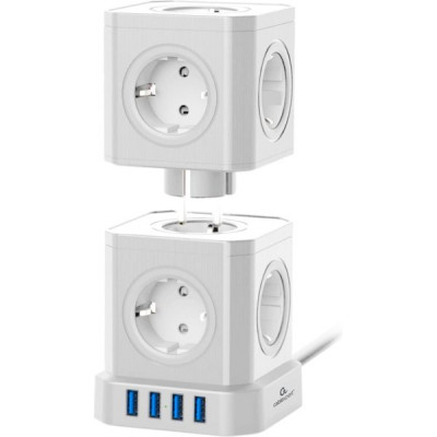 Сетевой фильтр  2м, 9 розеток, 16А/3500Вт, 3x1.5, 4хUSB, Cablexpert Tower [TWR-9-U4-W-2] белый