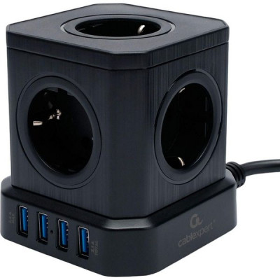 Сетевой фильтр  3м, 5 розеток, 10А/2500Вт, 3x1, 4хUSB, Cablexpert Tower [TWR-5-U4-B-3] чёрный