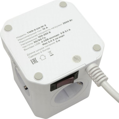 Сетевой фильтр  3м, 5 розеток, 10А/2500Вт, 3x1, 4хUSB, Cablexpert Tower [TWR-5-U4-W-3] белый