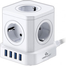 Сетевой фильтр  3м, 5 розеток, 10А/2500Вт, 3x1, 4хUSB, Cablexpert Tower [TWR-5-U4-W-3] белый