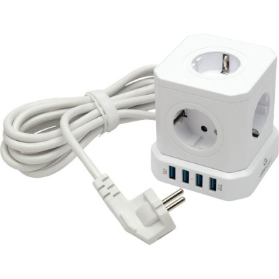 Сетевой фильтр  3м, 5 розеток, 10А/2500Вт, 3x1, 4хUSB, Cablexpert Tower [TWR-5-U4-W-3] белый