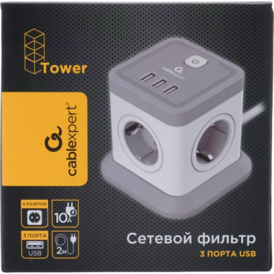 Сетевой фильтр  3м, 4 розетки, 10А/2500Вт, 3x1, 3хUSB, Cablexpert Tower [TWR-4-U3-W-3] белый