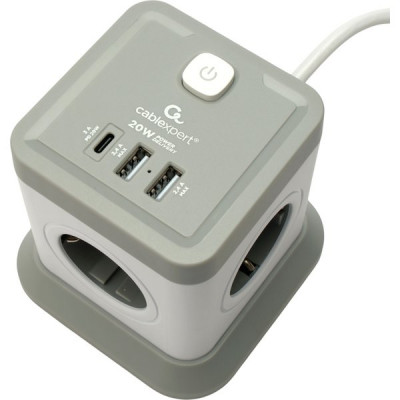 Сетевой фильтр  2м, 4 розетки, 10А/2500Вт, 3x1, 3хUSB+Type-C, Cablexpert Tower [TWR-4-CU2-W-2] белый