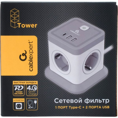 Сетевой фильтр  2м, 4 розетки, 10А/2500Вт, 3x1, 3хUSB+Type-C, Cablexpert Tower [TWR-4-CU2-W-2] белый