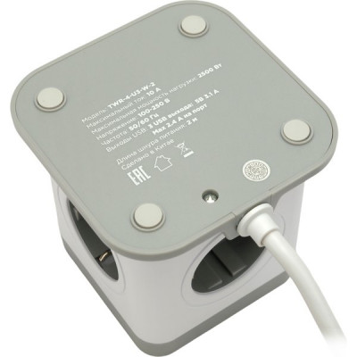 Сетевой фильтр  2м, 4 розетки, 10А/2500Вт, 3x1, 3хUSB, Cablexpert Tower [TWR-4-U3-W-2] белый