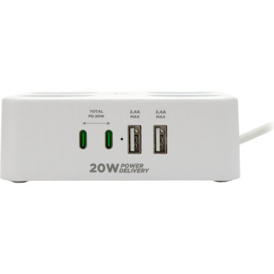 Сетевой фильтр  3м, 4 розетки, 10А/2500Вт, 3x1, 2хUSB+2xType-C, Cablexpert Plate [PLT-4-C2U2-W-3]