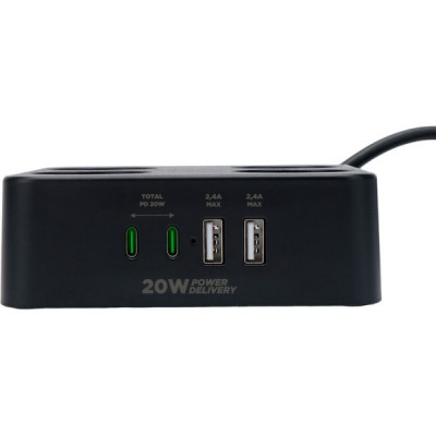 Сетевой фильтр  3м, 4 розетки, 10А/2500Вт, 3x1, 2хUSB+2xType-C, Cablexpert Plate [PLT-4-C2U2-B-3]