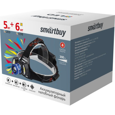 Фонарь налобный 5W LED+ 6W COB, 300Лм, 4 режима, Li-ion 6.8mAh, IP44, Smartbuy [SBF-HL028] черн/син