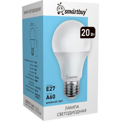 Лампа LED E27/A60 груша, 20W, 4000K, 1600Лм, Smartbuy [SBL-A60-20-40K-E27]