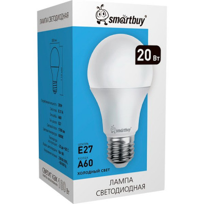 Лампа LED E27/A60 груша, 20W, 6000K, 1600Лм, Smartbuy [SBL-A60-20-60K-E27]
