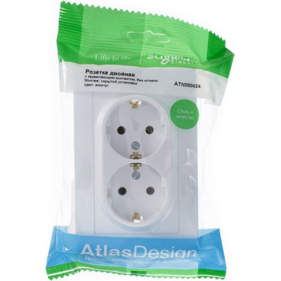 Розетка с/у 2x2P+Е 16A, IP20, в сборе, Schneider Electric ATLASDESIGN [ATN000424] жемчуг [6]