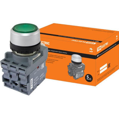 Кнопка MP1-21G(LED) в сборе d22мм/24В 1з+1р, зеленая, TDM [SQ0747-0018]