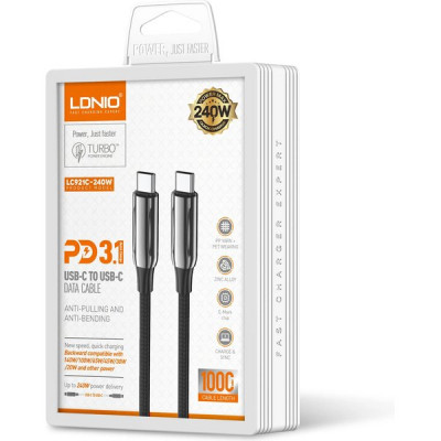 Кабель Type-C - Type-C, 2.0м, 240Вт, LDNIO LC922 [LD_C3860] High power, E-marker chip, Gray