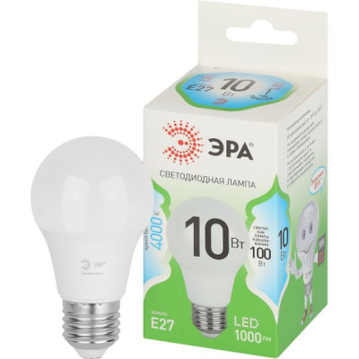Лампа LED E27/A60 груша, 10W, 4000K, 1000Лм, ЭРА GL [LED A60-10W-840-E27 GL]
