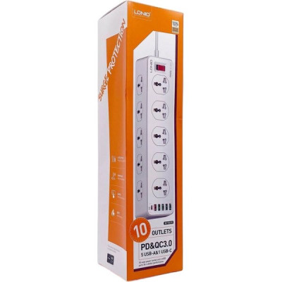 Сетевой фильтр  2м, 10 розеток, 10А/2500Вт, 5xUSB, 1xType-C PD QC, LDNIO [SC10610] белый