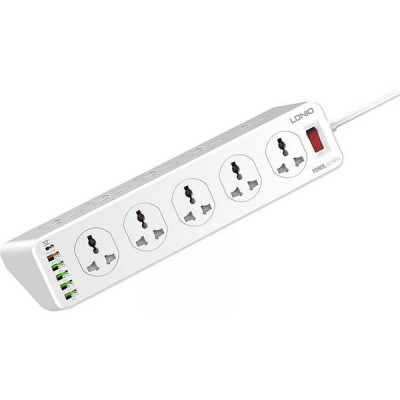Сетевой фильтр  2м, 10 розеток, 10А/2500Вт, 5xUSB, 1xType-C PD QC, LDNIO [SC10610] белый