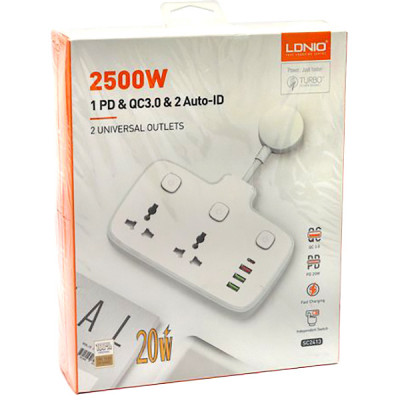 Разветвитель 2 розетки с заземлен., с выкл., 10А/2500Вт, 3xUSB, 1xType-C PD QC, LDNIO [SC2413] белый