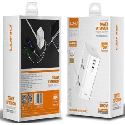 Сетевой фильтр  2м, 4 розетки, 10А/2500Вт, 1xUSB, 2xType-C PD QC, LDNIO [SC4383] белый