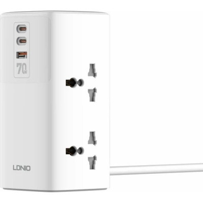Сетевой фильтр  2м, 4 розетки, 10А/2500Вт, 1xUSB, 2xType-C PD QC, LDNIO [SC4383] белый