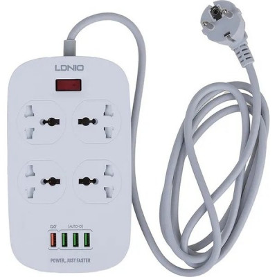 Сетевой фильтр  2м, 4 розетки, 10А/2500Вт, 4xUSB, LDNIO [SC4407Q] белый