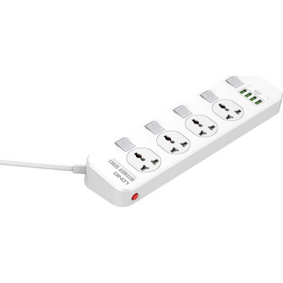 Сетевой фильтр  2м, 4 розетки, 10А/2500Вт, 4xUSB, LDNIO [SC4408] белый