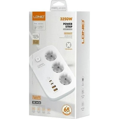 Сетевой фильтр  2м, 3 розетки, 13А/3250Вт, 2xUSB, 2xType-C PD QC, LDNIO [SE3436] белый