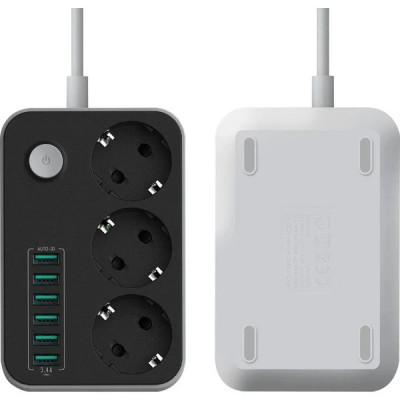 Сетевой фильтр  4м, 3 розетки, 10А/2500Вт, 6xUSB, LDNIO [SE3631] черный/серый