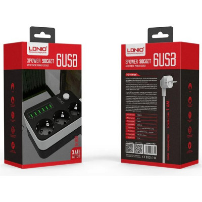 Сетевой фильтр  4м, 3 розетки, 10А/2500Вт, 6xUSB, LDNIO [SE3631] черный/серый