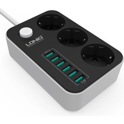Сетевой фильтр  4м, 3 розетки, 10А/2500Вт, 6xUSB, LDNIO [SE3631] черный/серый