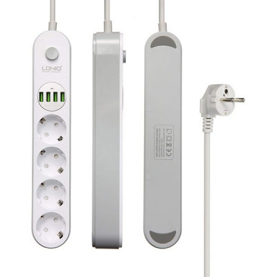 Сетевой фильтр  2м, 4 розетки, 10А/2500Вт, 4xUSB, LDNIO [SE4432] белый/серый