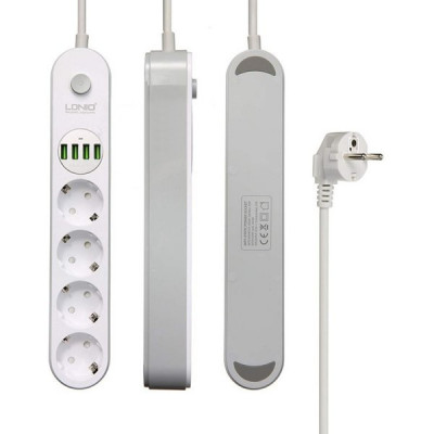 Сетевой фильтр  4м, 4 розетки, 10А/2500Вт, 4xUSB, LDNIO [SE4432] белый/серый