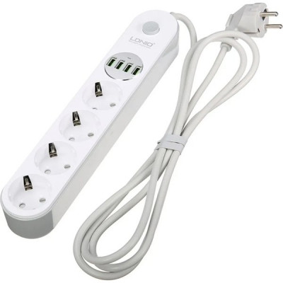 Сетевой фильтр  4м, 4 розетки, 10А/2500Вт, 4xUSB, LDNIO [SE4432] белый/серый