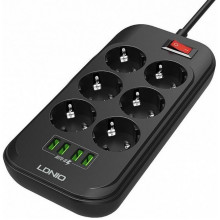 Сетевой фильтр  6м, 6 розеток, 10А/2500Вт, 4xUSB, LDNIO [SE6403] черный/серый