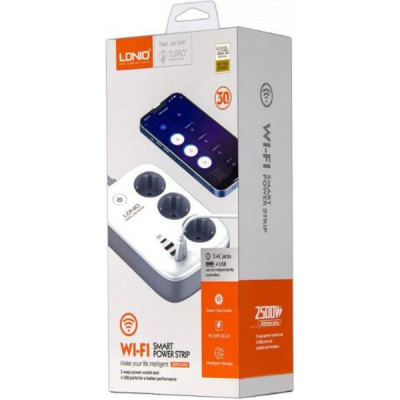 Сетевой фильтр  2м, 3 розетки, 10А/2500Вт, 3xUSB, 1xType-C PD QC, Wi-Fi управ. LDNIO [SEW3452] белый