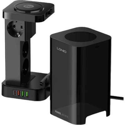 Сетевой фильтр  2м, 4 розетки, 10А/2500Вт, 3xUSB, 1xType-C PD QC, беспр. зар. LDNIO [SEW4485] черный