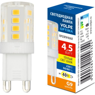 Лампа LED G9, 4.5W/220В, 3000K, 400Лм, Volpe Optima [LED-JCD-4,5W/3000K/G9/CL/SLS]