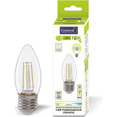 Лампа LED E27/C37 свеча,  7W, FILAMENT, 2700K, 490Лм, GL [GLDEN-CS-7-230-E27-2700]