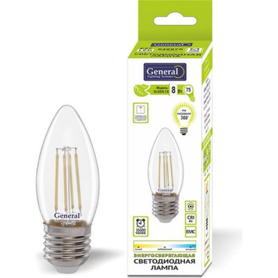 Лампа LED E27/C37 свеча,  8W, FILAMENT, 6500K, 660Лм, GL [GLDEN-CS-8-230-E27-6500]